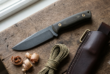 Fixed-blade survival knife with leather sheath and paracord on a weathered wood surface