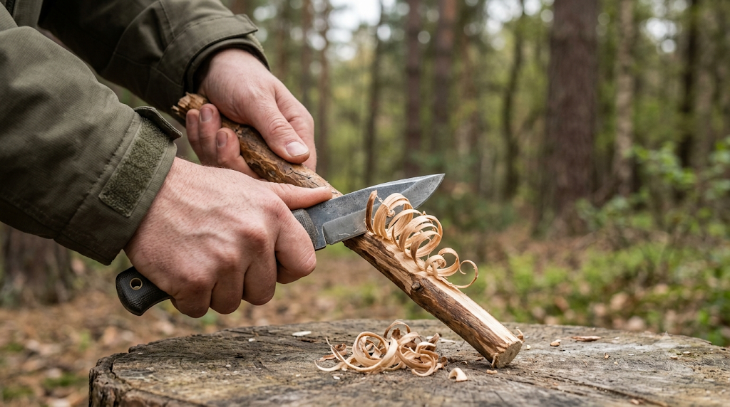 Hands carving a feather stick from dry wood with a fixed-blade survival knife outdoors