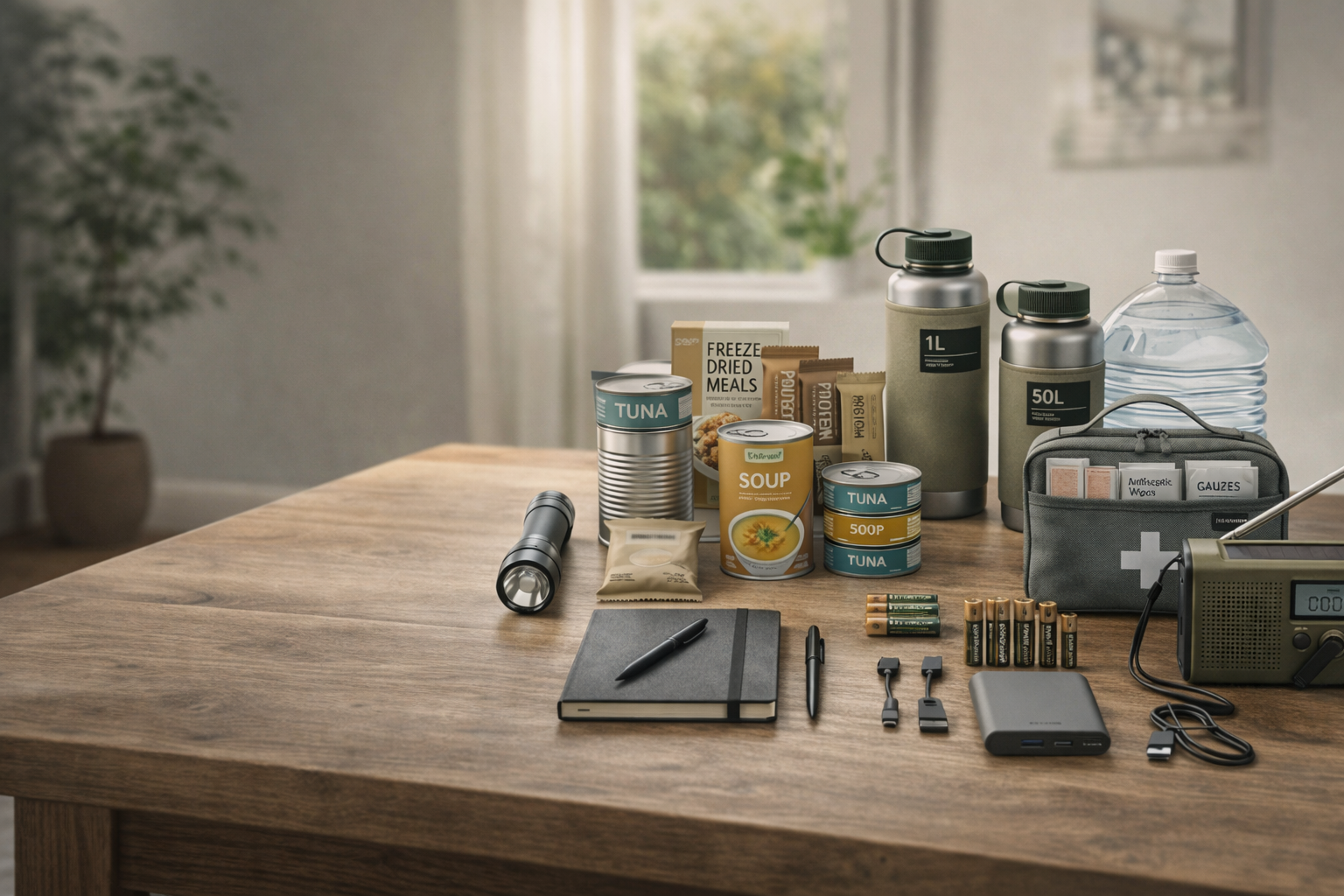 Emergency preparedness supplies organized for water, food, communication, and backup power