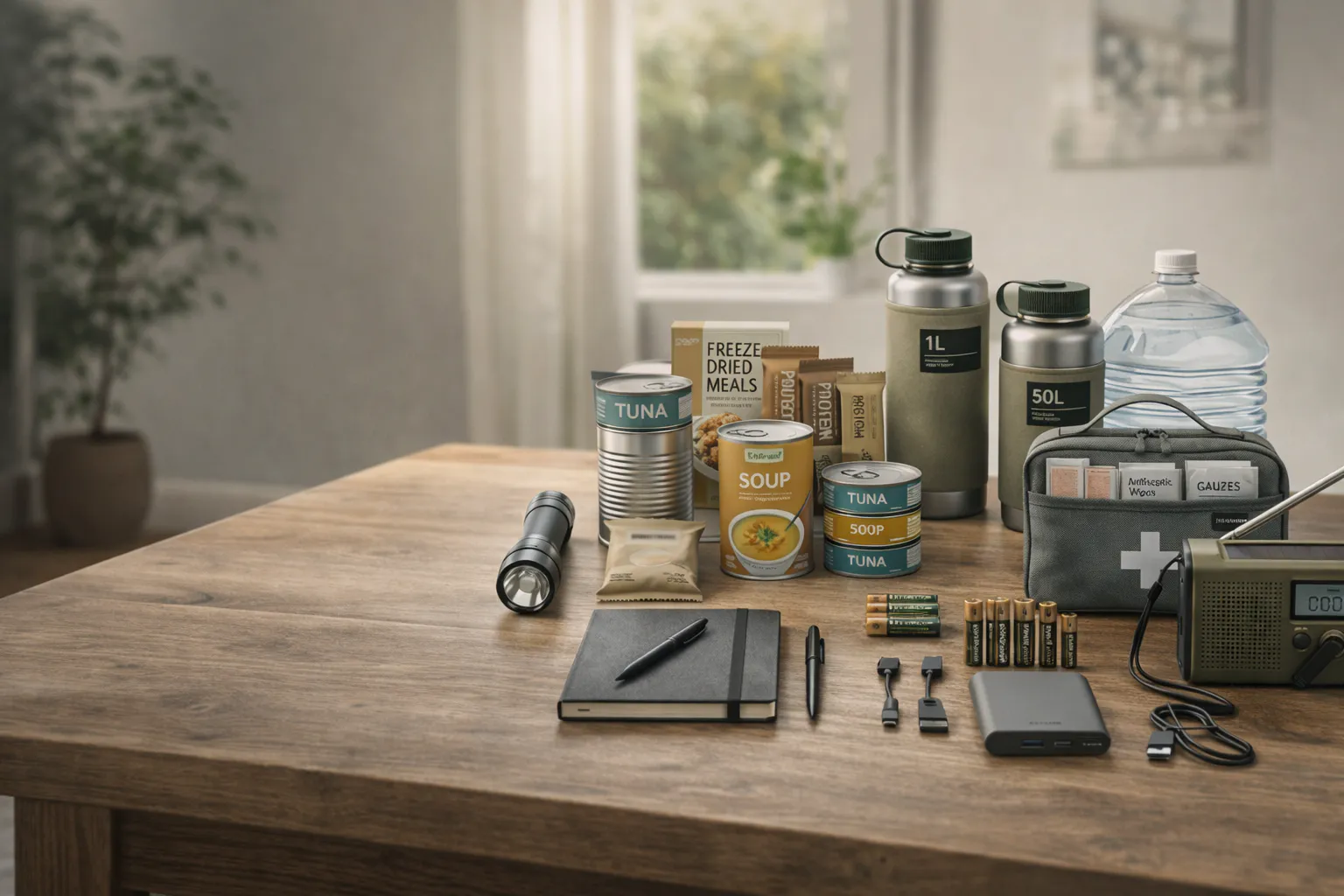 Emergency preparedness supplies organized for water, food, communication, and backup power