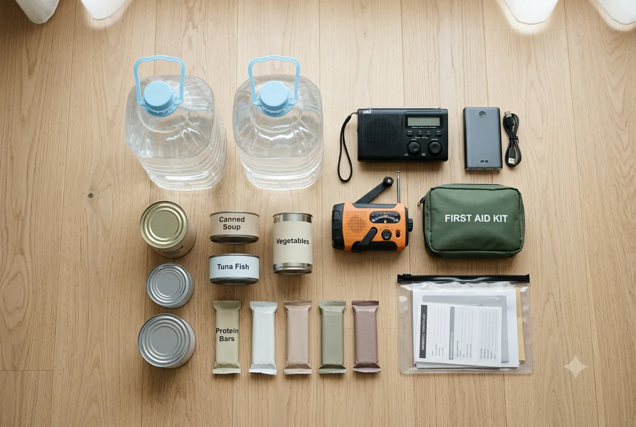 An organized 72-hour emergency kit laid out: water jugs, canned food, protein bars, radios, power bank, first aid kit, and documents.