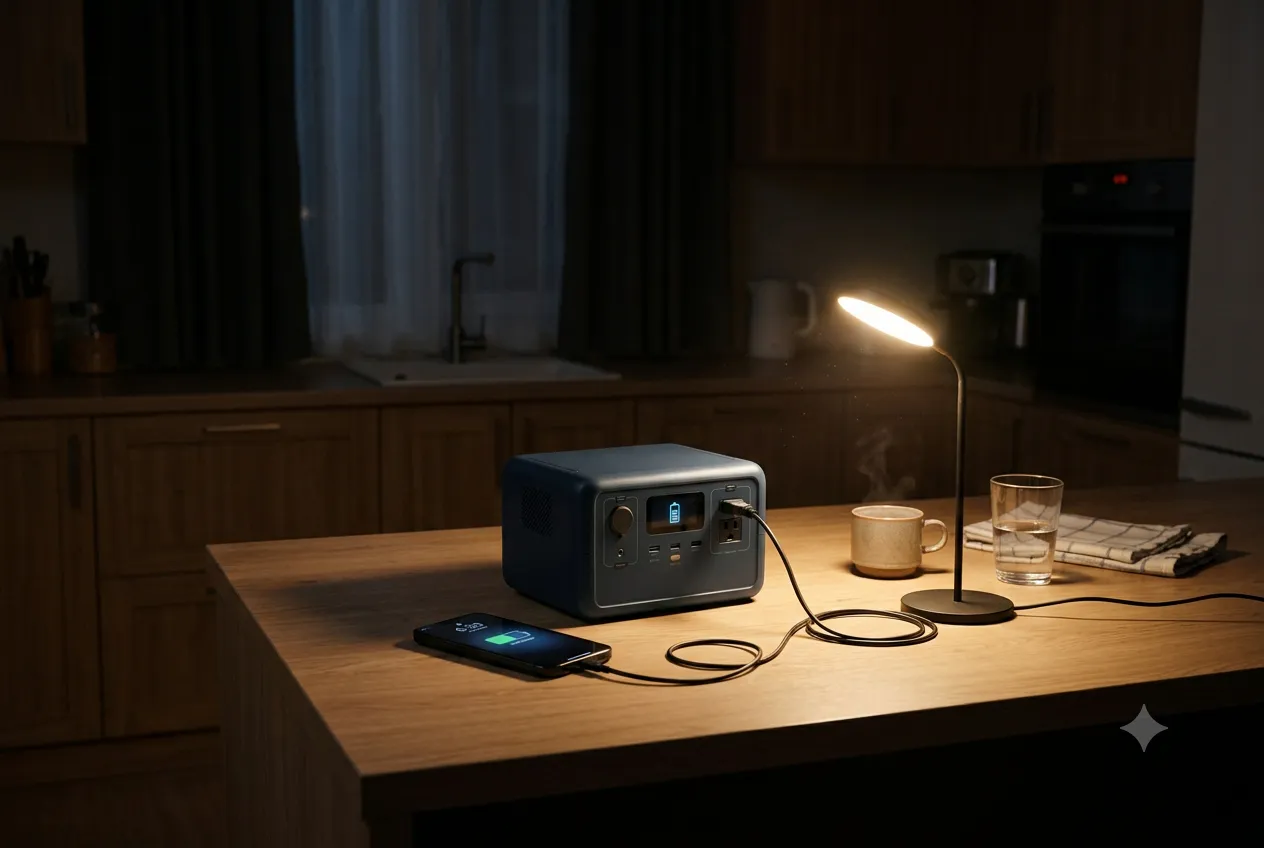 A portable power station on a kitchen counter at night charging a phone and powering a lamp during an outage.