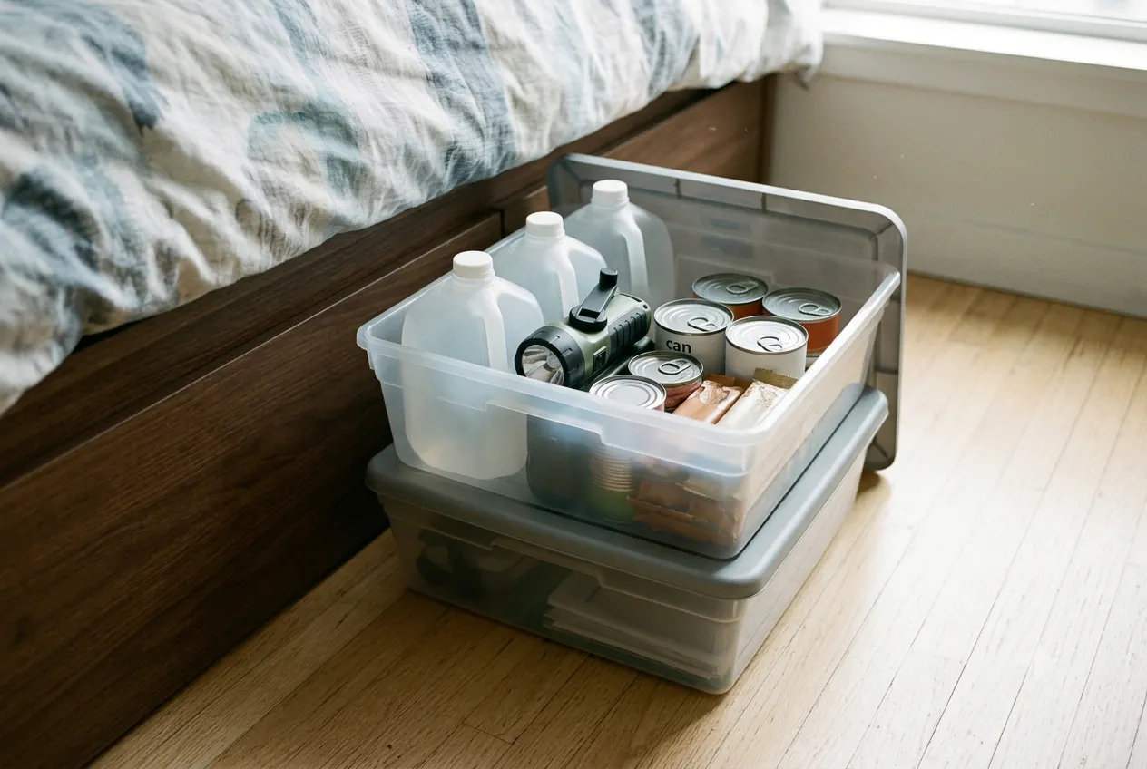Stackable bins of emergency water, a flashlight, and canned food stored under a bed in an apartment.