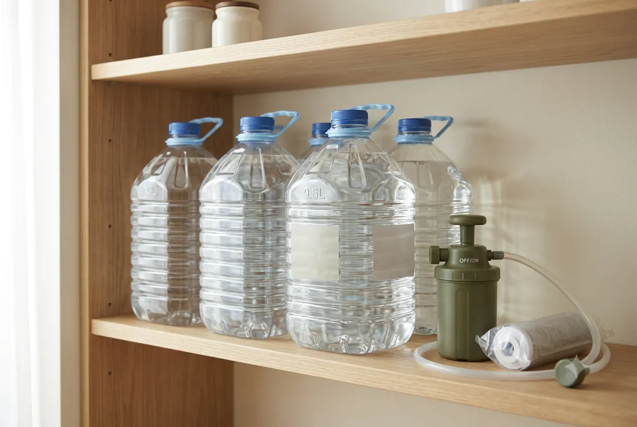 Sealed emergency water jugs and a portable water filter stored on a shelf.