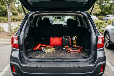 Organized vehicle emergency kit laid out in an open SUV trunk, including warning triangle, first aid bag, portable jump starter, jumper cables, and emergency blanket