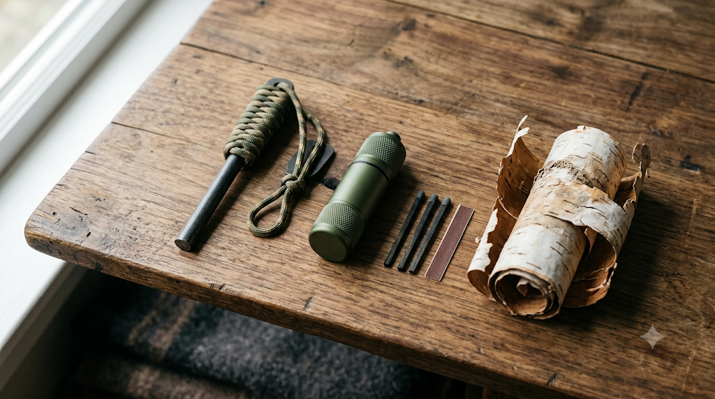 Fire starter kit flat-lay with a ferro rod, waterproof matches, and birch bark tinder for survival