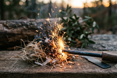Ferro rod fire starter throwing a shower of sparks onto dry tinder for survival