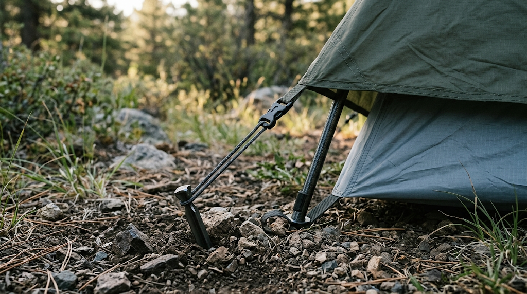 Close-up of a survival tent stake driven into the ground with a taut guyline and rainfly edge