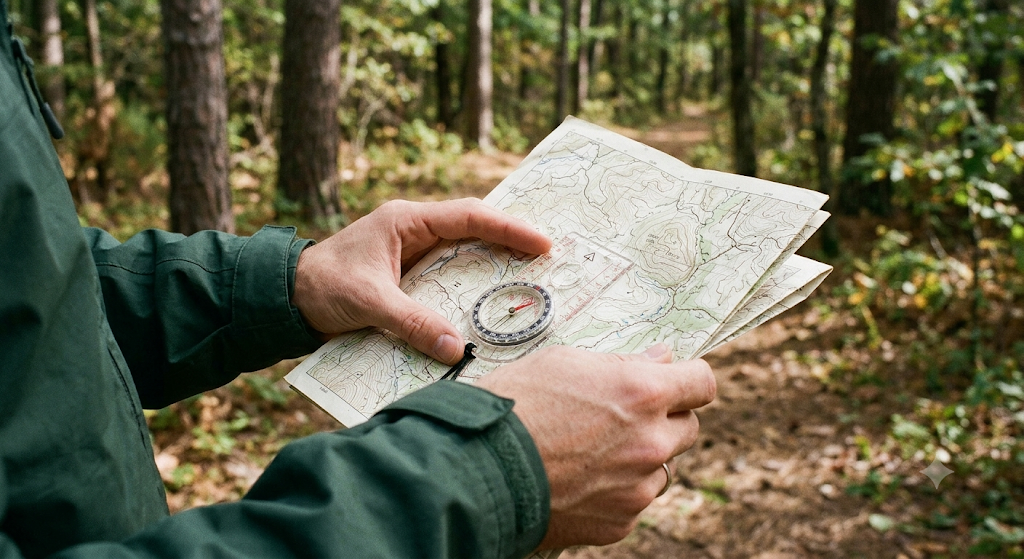 Hands orienting a paper topographic map with a baseplate compass on a forest trail