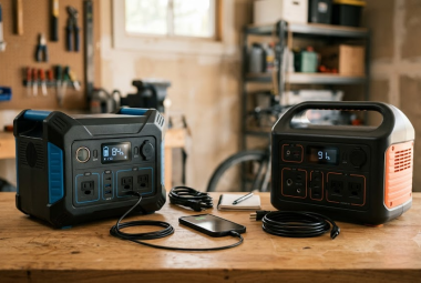 Two portable power stations side by side on a garage workbench, one with blue accents and one with orange accents, phone charging from one unit