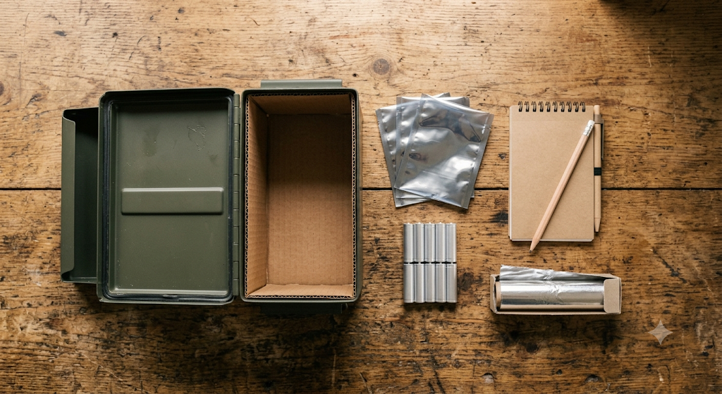 Flat-lay of an EMP kit Faraday setup: lined ammo can, anti-static bags, batteries, and notepad