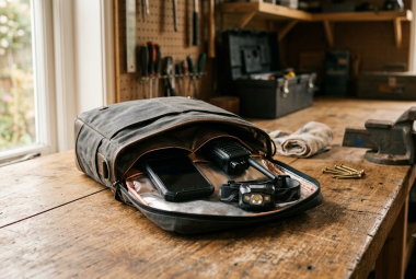 Open Faraday bag with smartphone, two-way radio, and headlamp on a wooden table