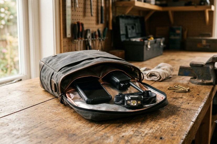 Open Faraday bag with smartphone, two-way radio, and headlamp on a wooden table