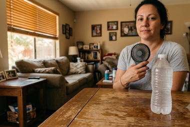 Woman staying cool with a battery fan and frozen water bottle during a power outage, no AC survival