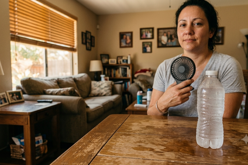 Woman staying cool with a battery fan and frozen water bottle during a power outage, no AC survival