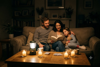 Family reading together by candlelight and battery lantern during a home power outage