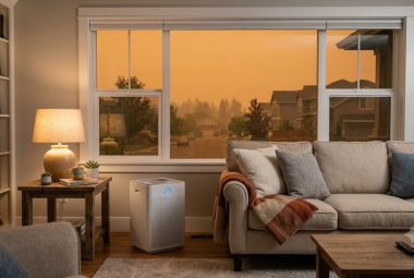Calm living room at dusk with a HEPA air purifier running beside the sofa while hazy orange wildfire smoke fills the sky outside the window