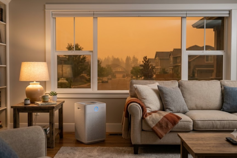 Calm living room at dusk with a HEPA air purifier running beside the sofa while hazy orange wildfire smoke fills the sky outside the window
