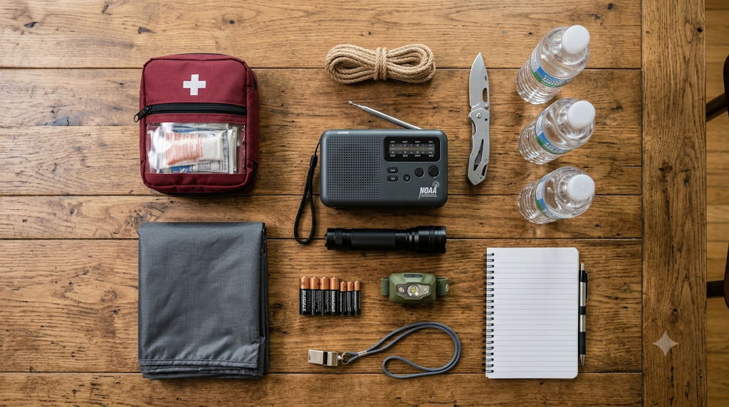 Emergency preparedness kit with water, radio, flashlight, and first aid supplies