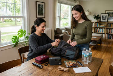 Family packing a 72-hour go-bag as part of a natural disaster survival plan