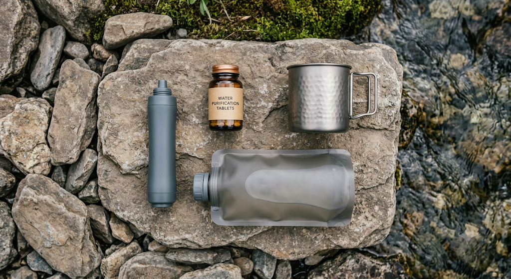 Flat-lay of a backcountry water purification kit: filter straw, purification tablets, collapsible bottle, and metal cup