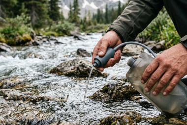 Filtering water from a rocky mountain stream into a collapsible bottle using a portable water filter