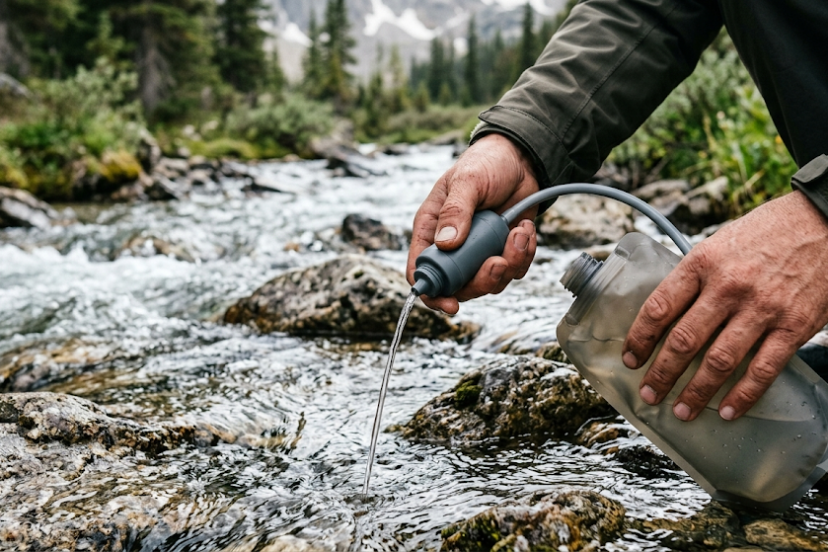Filtering water from a rocky mountain stream into a collapsible bottle using a portable water filter
