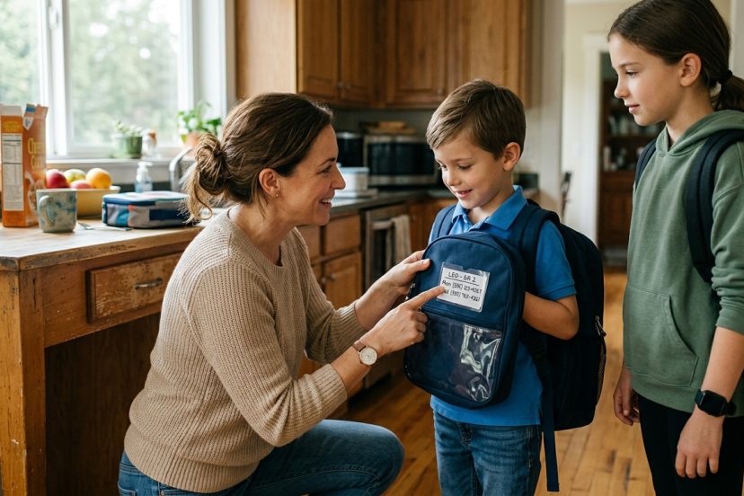 Parent kneeling with school-age child holding a backpack emergency card, part of a back to school family emergency plan, with an older sibling wearing a GPS watch nearby