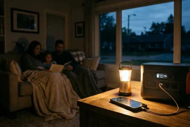 Power outage preparedness: family lit by a lantern while a portable power station charges a phone during a blackout