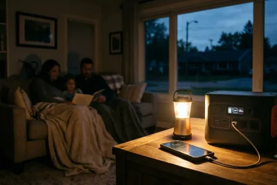 Power outage preparedness: family lit by a lantern while a portable power station charges a phone during a blackout