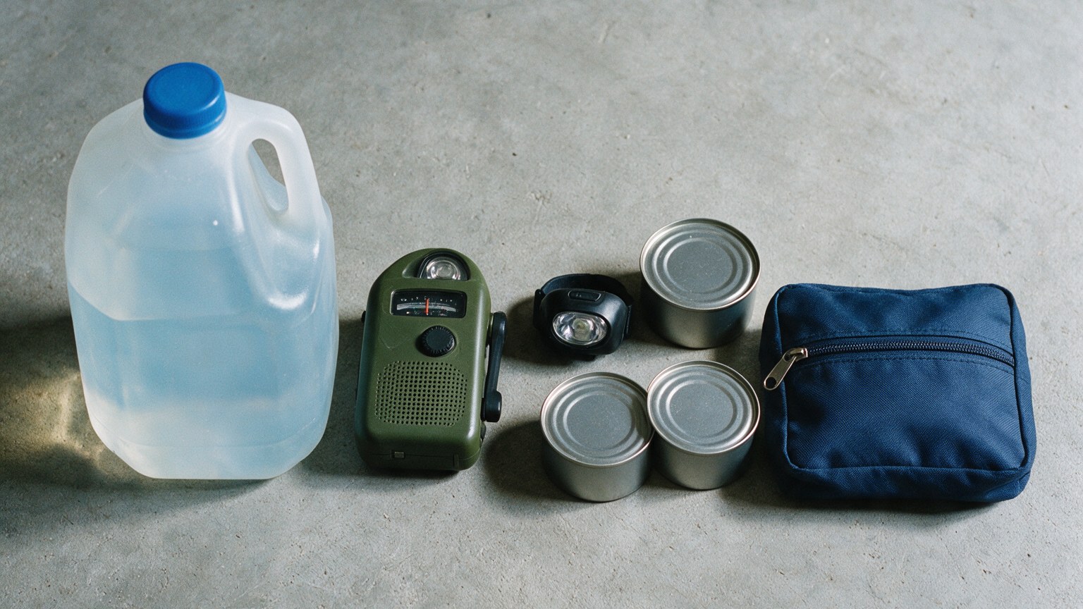 72 hour emergency checklist supplies laid out on concrete: one-gallon water jug, hand-crank emergency radio, headlamp, canned food and a first aid pouch