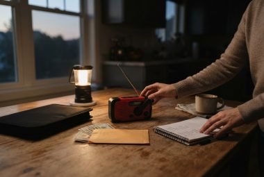 Cyberattack preparedness household kit: hand-crank radio, cash envelope, fireproof document folder and lantern on a kitchen table during an outage