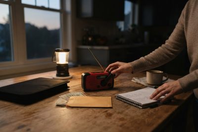 Cyberattack preparedness household kit: hand-crank radio, cash envelope, fireproof document folder and lantern on a kitchen table during an outage
