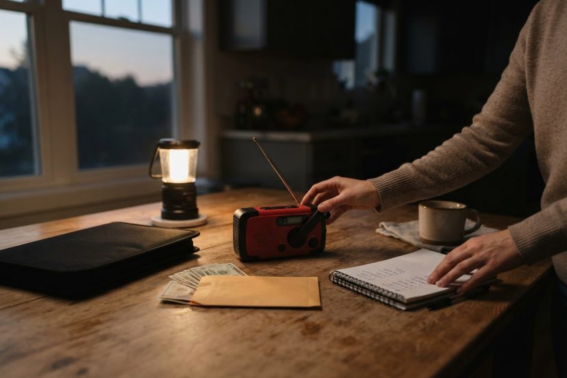 Cyberattack preparedness household kit: hand-crank radio, cash envelope, fireproof document folder and lantern on a kitchen table during an outage