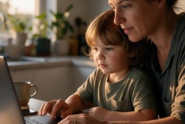 Parent and child reviewing family digital security settings together on a laptop at home