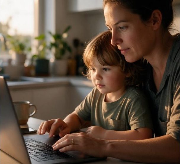 Parent and child reviewing family digital security settings together on a laptop at home