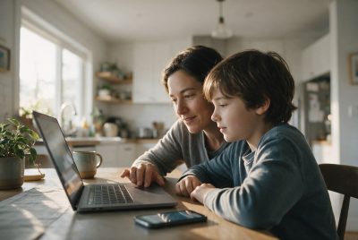 Parent and child reviewing family digital security settings together on a laptop at home