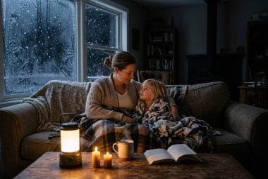 Mother and daughter wrapped in a blanket by lantern light during a no heat survival power outage, snow falling outside