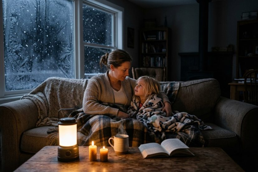 Mother and daughter wrapped in a blanket by lantern light during a no heat survival power outage, snow falling outside