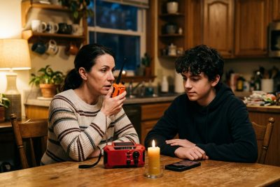 Family using a two-way radio and hand-crank emergency radio at home during a network outage