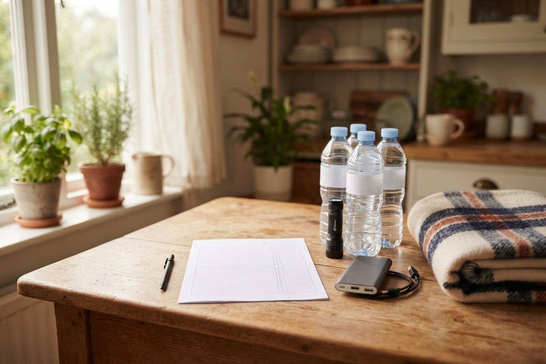 Household emergency readiness plan on a kitchen table with water bottles, a flashlight, a power bank and a wool blanket