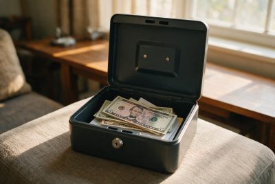 How much cash to keep at home for emergencies: an open metal lockbox holding small bills on a living room ottoman