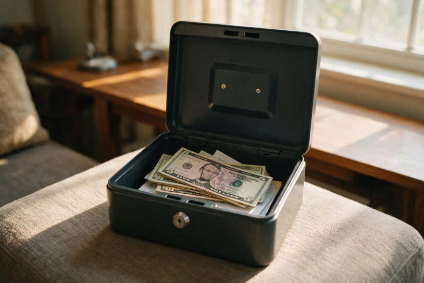 How much cash to keep at home for emergencies: an open metal lockbox holding small bills on a living room ottoman