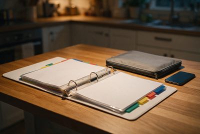 Emergency binder: a white three-ring binder open on a kitchen table beside a grey fire-resistant document pouch and a dark smartphone