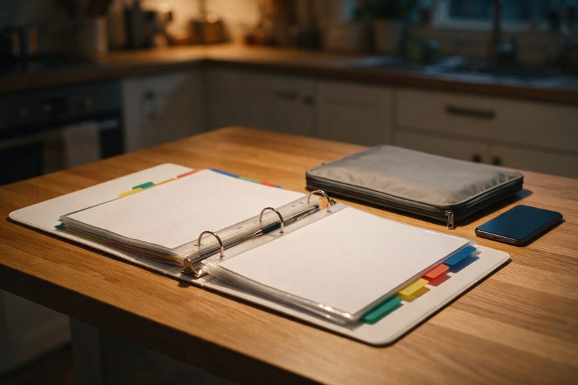 Emergency binder: a white three-ring binder open on a kitchen table beside a grey fire-resistant document pouch and a dark smartphone