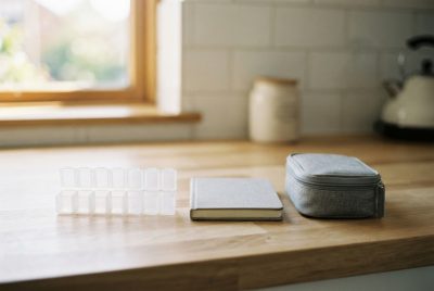 A clear weekly pill organizer, a closed notebook and an insulated travel pouch lined up on a kitchen counter, a prescription backup plan for a pharmacy outage