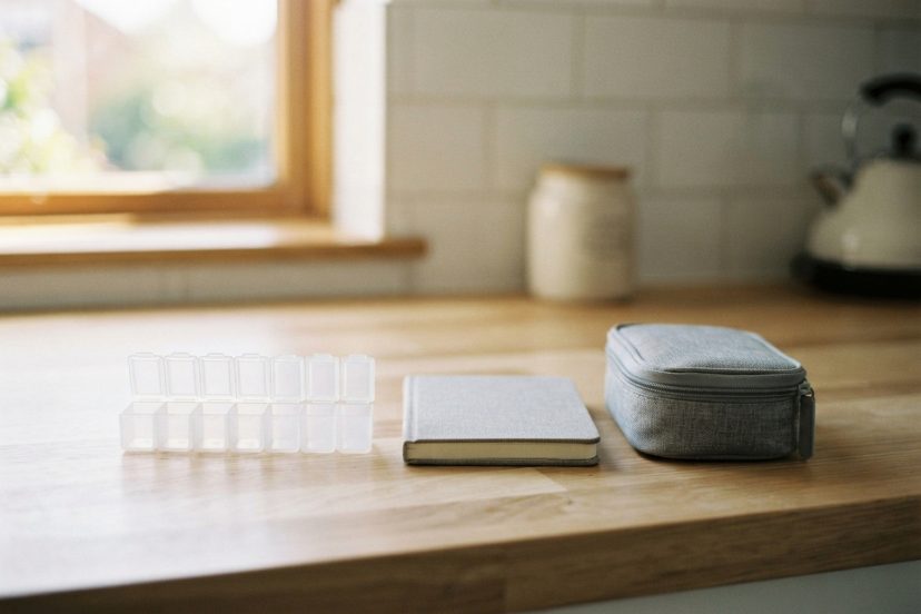 A clear weekly pill organizer, a closed notebook and an insulated travel pouch lined up on a kitchen counter, a prescription backup plan for a pharmacy outage